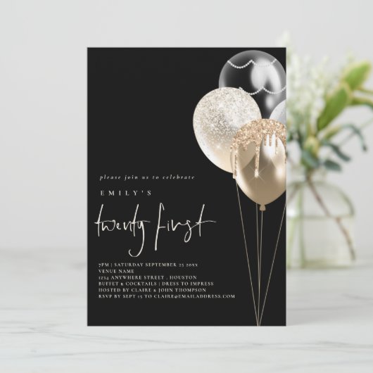 Gold Ivory QR Code 21st Party Black Einladung (Stehend Vorderseite)