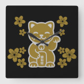 Gold Japanisch Maneki-neko Quadratische Wanduhr (Vorderseite)