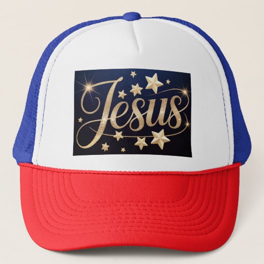 Gold Jesus Script Blue Truckerkappe (Vorderseite)