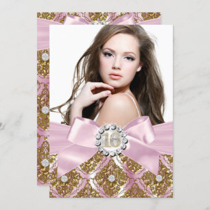 Gold Jewel Damask & Pink Bow Sweet 16 Foto Einladu Einladung