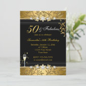 Gold Jewel Leaf 50 Fabulous Birthday Black Einladung (Stehend Vorderseite)