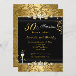 Gold Jewel Leaf 50 Fabulous Birthday Black Einladung