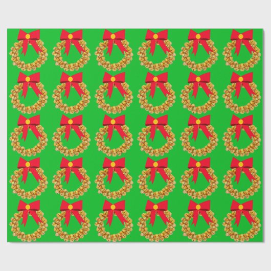 Gold Jingle Bells Wreath Green Wrapping Paper Geschenkpapier (Flach)