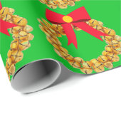 Gold Jingle Bells Wreath Green Wrapping Paper Geschenkpapier (Rolleneckpunkt)