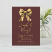 Gold Jingle & Mingle Christmas Party Bow Burgundy Einladung (Stehend Vorderseite)