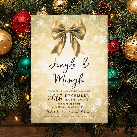 Gold Jingle & Mingle Christmas Party Bow & Snow Einladung