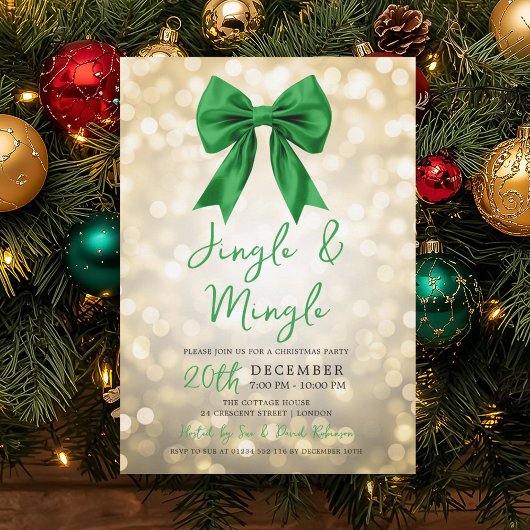 Gold Jingle Mingle Christmas Party Green Bow  Einladung