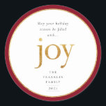 Gold Joy Modern Christmas Classic Round Sticker<br><div class="desc">Möge Ihre Ferienzeit mit Freude erfüllt werden. Goldene Imitate verwickeln die fröhliche Schrift und die Imitate-Folie mit dunkelweinroter Rahmen,  Ferienaufkleber.</div>