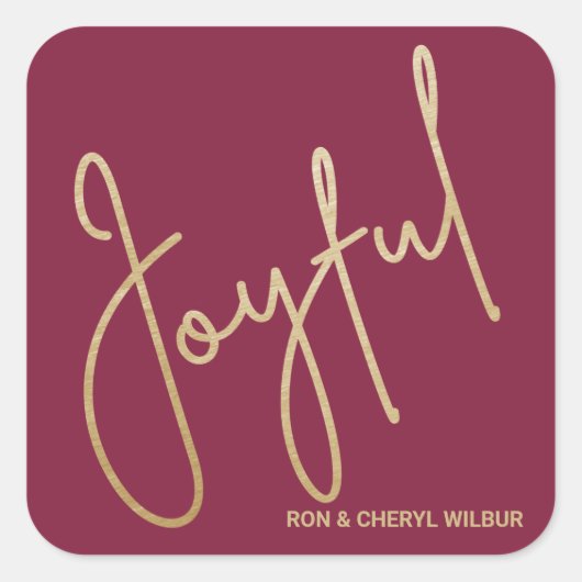 Gold JOYFUL auf Cranberry Weihnachten Quadratischer Aufkleber (Vorderseite)