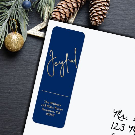 Gold JOYFUL on Blue Christmas Return Address