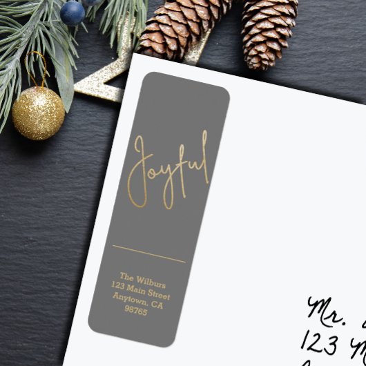 Gold JOYFUL on Grey Christmas Return Address