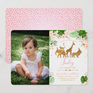 Gold Jungle Animal & Floral Foto Geburtstag Einlad Einladung