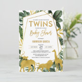 Gold Jungle Safari Tiere Twins Baby Dusche Einladung (Stehend Vorderseite)