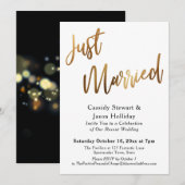 Gold just Married Bokeh Black Back Empfang Einladung (Vorne/Hinten)