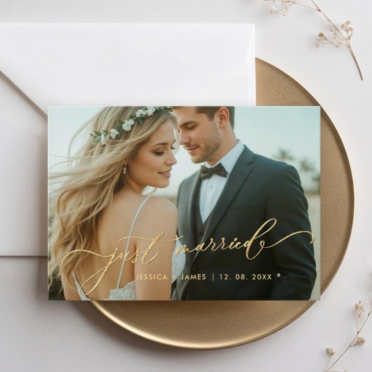 Gold Just Married Wedding Foto Announcement Card Ankündigung