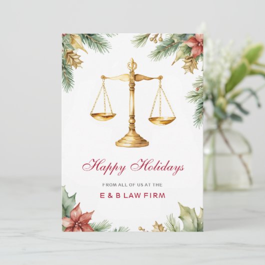 Gold Justice Scale Pine Holly Law Firm Weihnachten (Stehend Vorderseite)