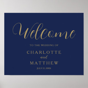 Gold-Kalligrafie-Navyblau-Willkommens-Hochzeitspla Poster