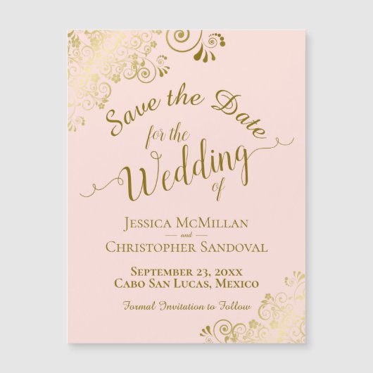 Gold Kalligrafie Rosa Pink Speichern Sie das Datum Magnetkarte (Vorderseite)