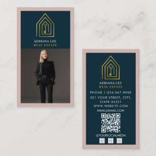 Gold Key Foto Immobilienmakler QR Code Pink Visitenkarte