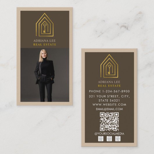 Gold Key Photo Real Estate Agent QR Code Brown Visitenkarte (Vorne/Hinten)