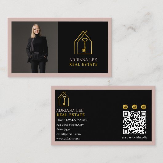 Gold Key Photo Real Estate Agent QR Code Pink Visitenkarte (Vorne/Hinten)