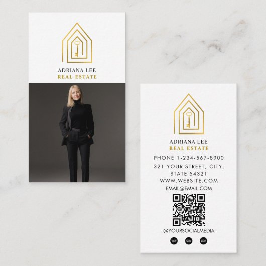 Gold Key Photo Real Estate Agent QR Code White Visitenkarte (Vorne/Hinten)