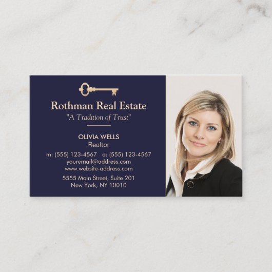 Gold Key Real Anwesen Agent Foto Navy hinzufügen Visitenkarte (Vorderseite)
