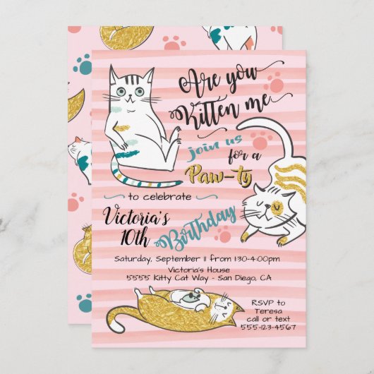 Gold Kitty Cat Geburtstagsparty Einladung (Vorne/Hinten)