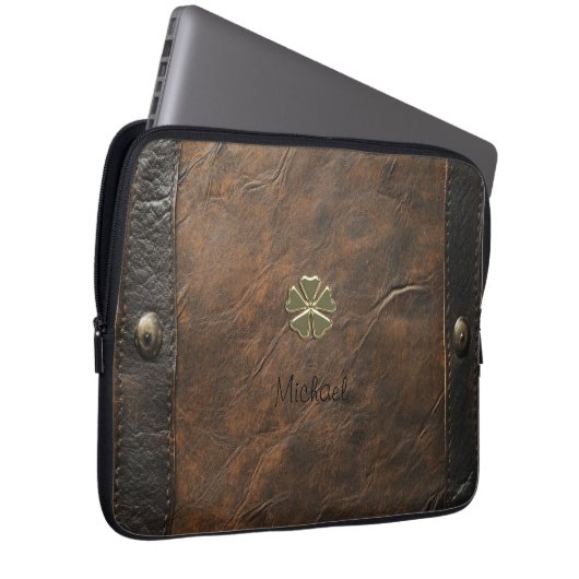 Gold Kleeblatt St.Patrick`s Day, Braunleder Laptopschutzhülle (Vorne Rechts)