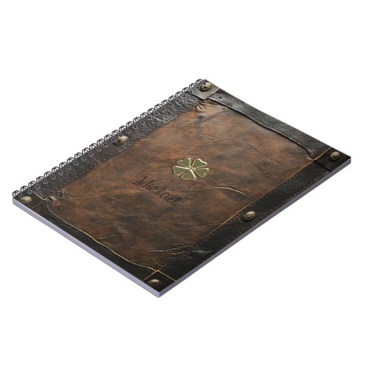 Gold Kleeblatt St.Patrick`s Day, Braunleder Notizblock (Linke Seite)