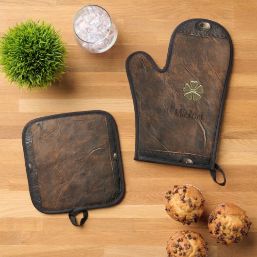 Gold Kleeblatt St.Patrick`s Day, Braunleder Ofenhandschuh & Topflappen-Set (Oben Unten)