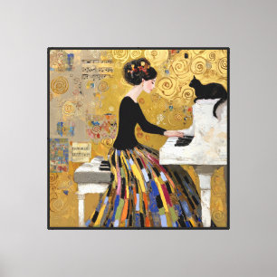 Gold Klimt Klavier Lady mit schwarzer Katze Leinwanddruck