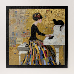 Gold Klimt Klavier Lady mit schwarzer Katze Puzzle