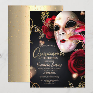 Gold Konfetti-Maske rote Rosen Quinceañera Einladung