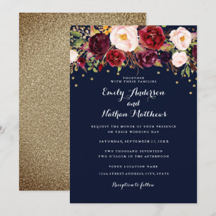 Gold Konfetti Navy Burgunder Rot Florale Hochzeit Einladung