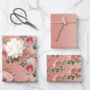 Gold Konfetti rosa Rosen Blumen Brautdusche Geschenkpapier Set