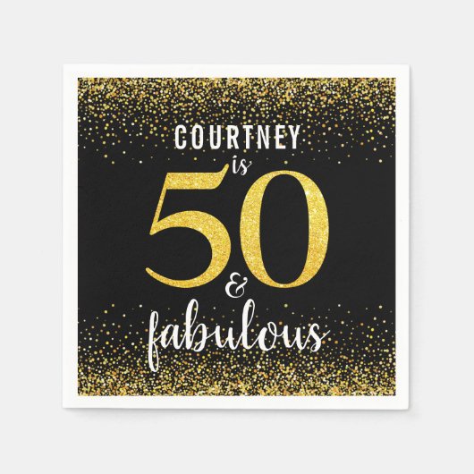 Gold Konfetti schwarzer individuelle Name 50 und f Serviette (Vorderseite)