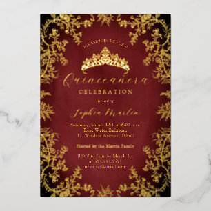 Gold Königliche Rote Elegante Vintage Quinceanera Folieneinladung