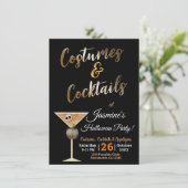 Gold Kostüme & Cocktails Halloween Einladung (Stehend Vorderseite)