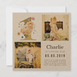 Gold Kraft Foil One 1. Geburtstag Foto Cards Einladung