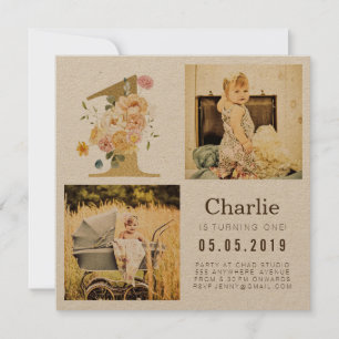 Gold Kraft Foil One 1. Geburtstag Foto Cards Einladung