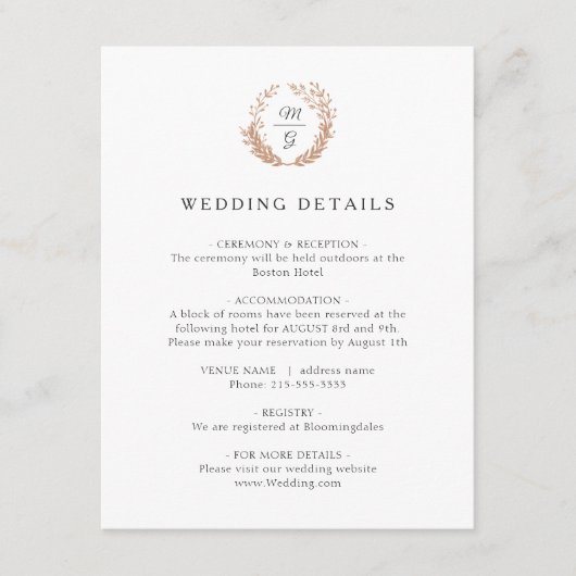 Gold Kranz mit einem Monogramm. Angaben zur Hochze Begleitkarte (Vorderseite)