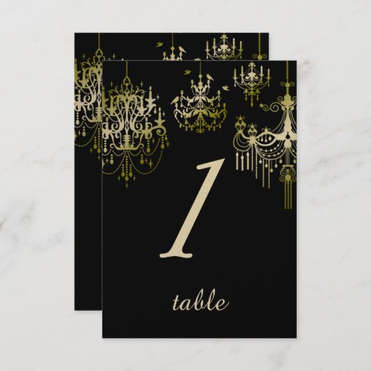 Gold Kronleuchter auf Black Posh Wedding Table Kar Einladung (Vorne/Hinten)