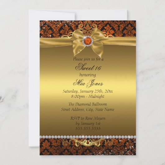 Gold Kupfer Damask 16 . Geburtstag Einladung (Rückseite)