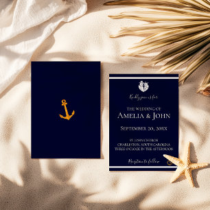 Gold Küsten Navy Blau Nautische Hochzeit Einladung