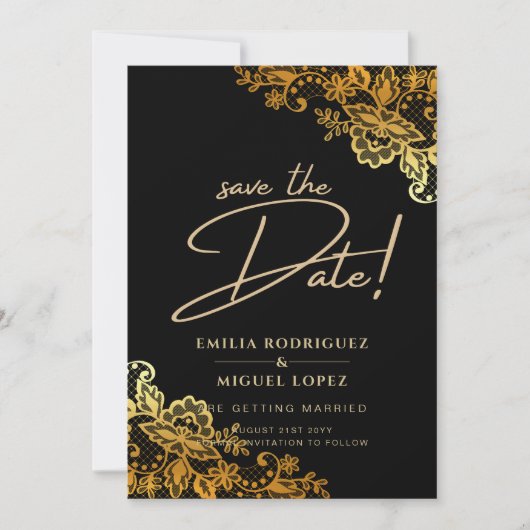 GOLD LACE Black All-in1 Wedding Save the Date Einladung (Vorderseite)