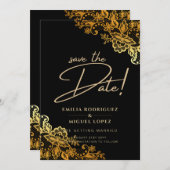 GOLD LACE Black All-in1 Wedding Save the Date Einladung (Vorne/Hinten)