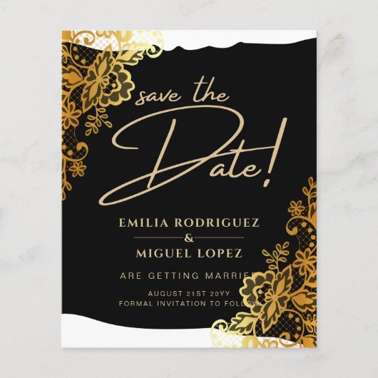 GOLD LACE Black All-in1 Wedding Save the Date Flyer (Vorne)