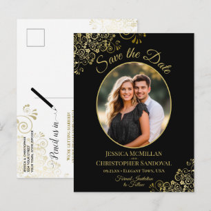 Gold Lace Black Wedding Save the Date Oval Foto Ankündigungspostkarte