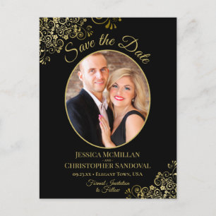 Gold Lace Black Wedding Save the Date Oval Foto Ankündigungspostkarte